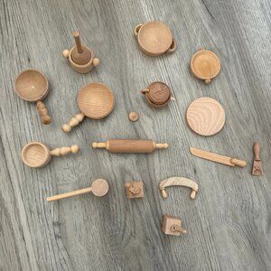 18 Vintage Turned Wood Dollhouse Wooden Kitchenware Pans Pots Grinder Knife ++
